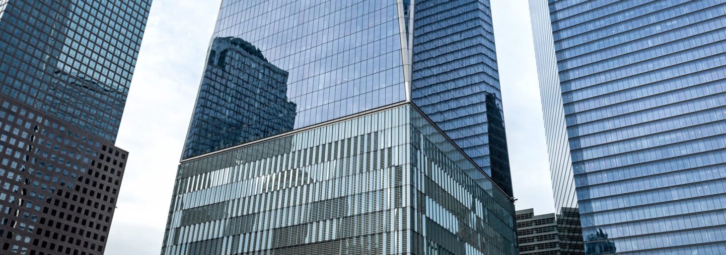 Low angle view of skyscrapers in the Financial District of New Y Low angle view of skyscrapers in the Financial District of New York, USA
